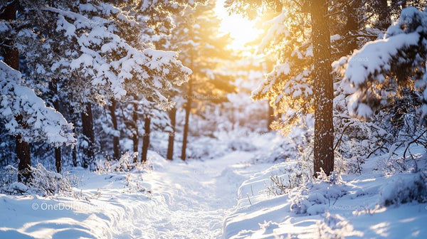 Sunlit Pine Trees in a Snowy Winter Forest