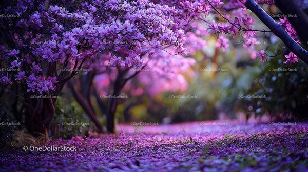 Pathway Through Blooming Purple Blossoms in Serene Garden