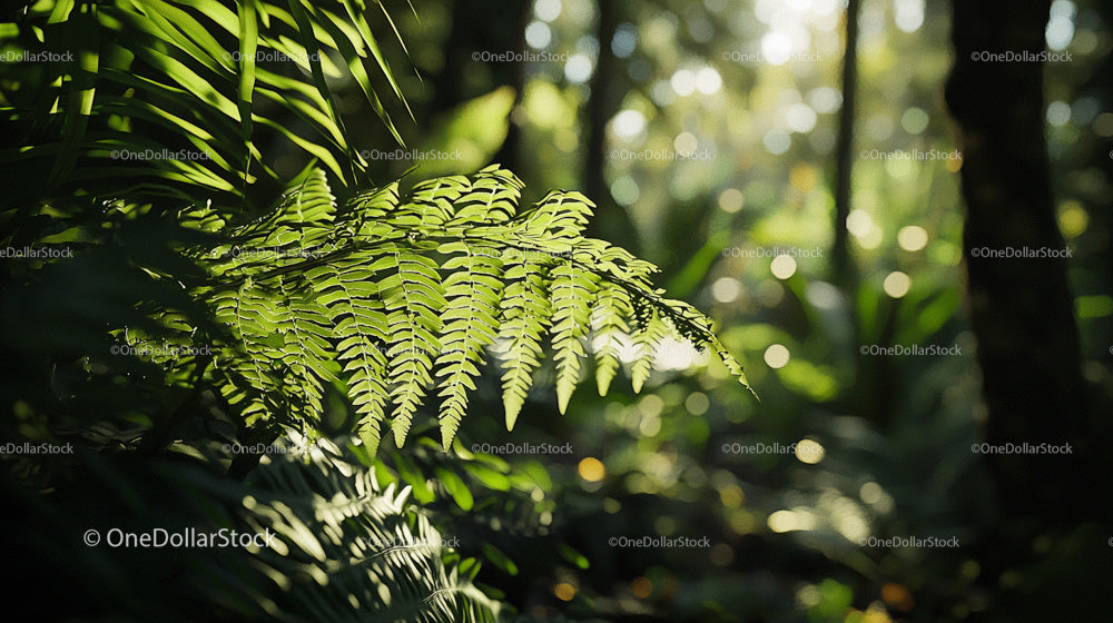 Sunlit Tropical Ferns with Soft Focus Background