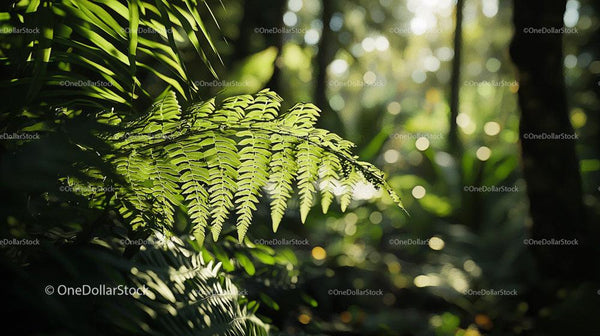 Sunlit Tropical Ferns with Soft Focus Background