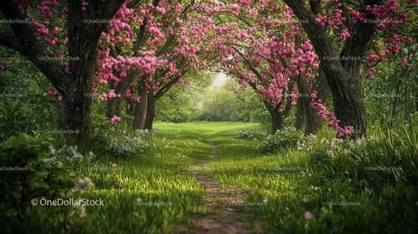 Idyllic Pathway Under Blossoming Pink Flowering Trees