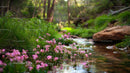 Tranquil Stream Surrounded by Pink Wildflowers and Greenery
