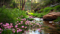 Tranquil Stream Surrounded by Pink Wildflowers and Greenery