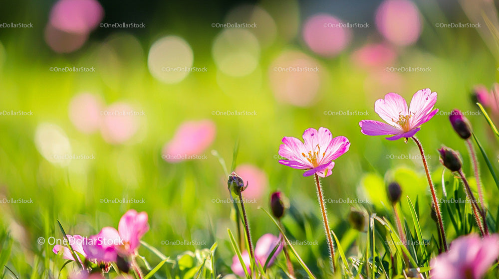 Pink Wildflowers Blooming in Lush Green Grass