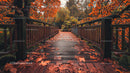 Wooden Bridge in a Forest Surrounded by Vibrant Autumn Foliage