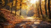 Golden Autumn Forest Path with Sunlit Leaves