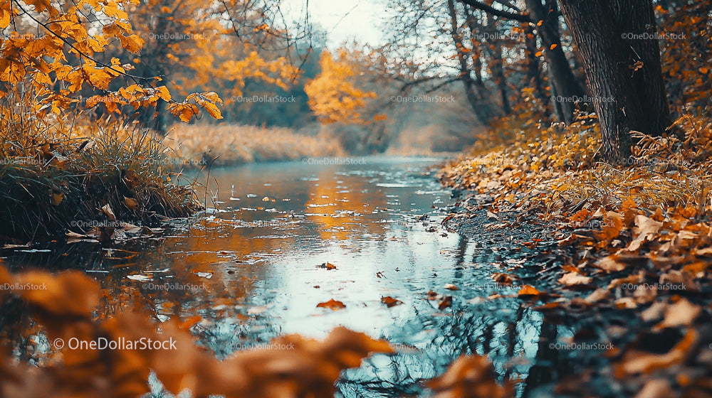 Tranquil River with Autumn Leaves and Golden Trees