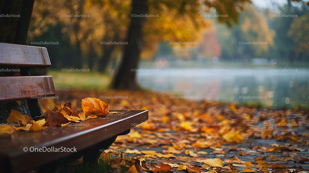 Autumn Park Bench Surrounded by Vibrant Fallen Leaves