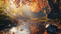 Golden Autumn Stream Through Tranquil Sunlit Forest