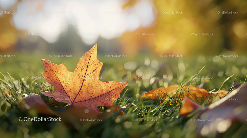 Sunlit Maple Leaf on Grass in Vibrant Autumn Setting