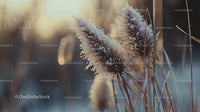Frost-Covered Reeds at Sunset in Calm Winter Landscape