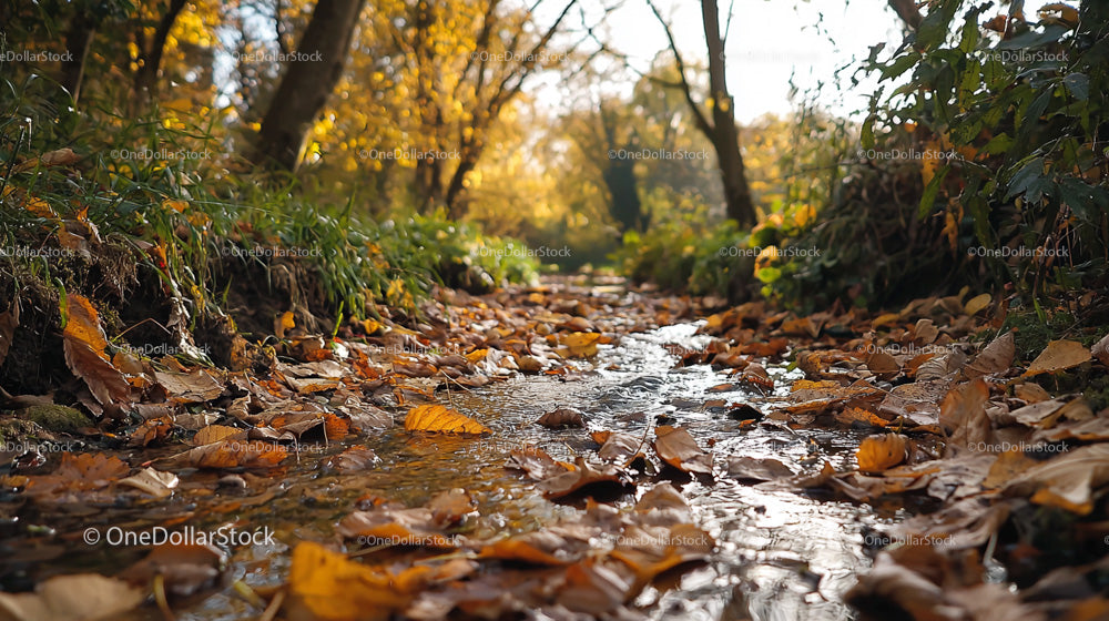 Tranquil Forest Stream with Autumn Leaves and Golden Foliage