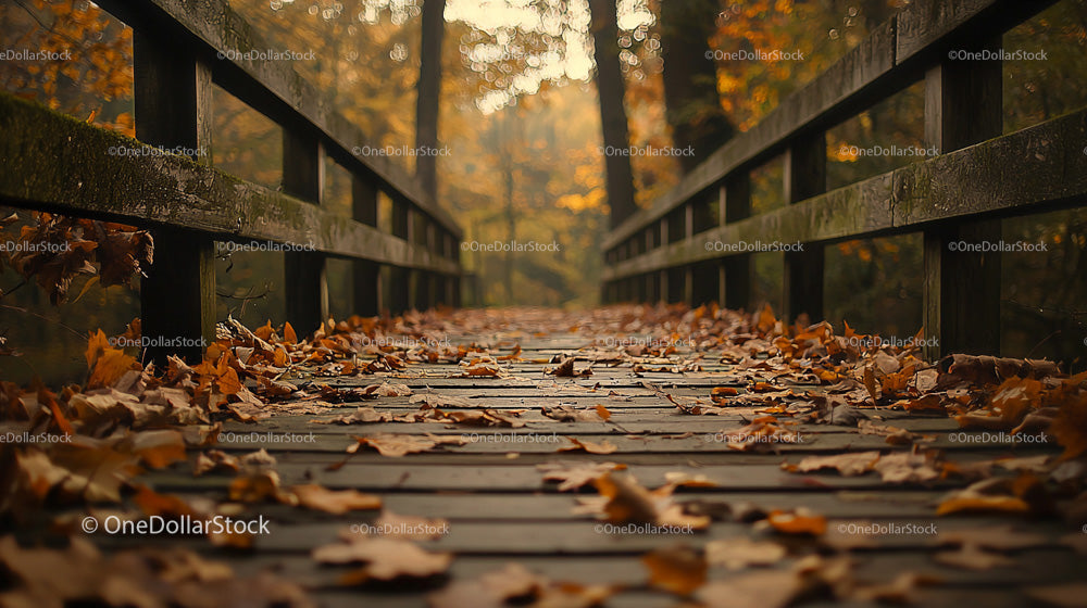 Wooden Bridge Covered with Autumn Leaves in Forest