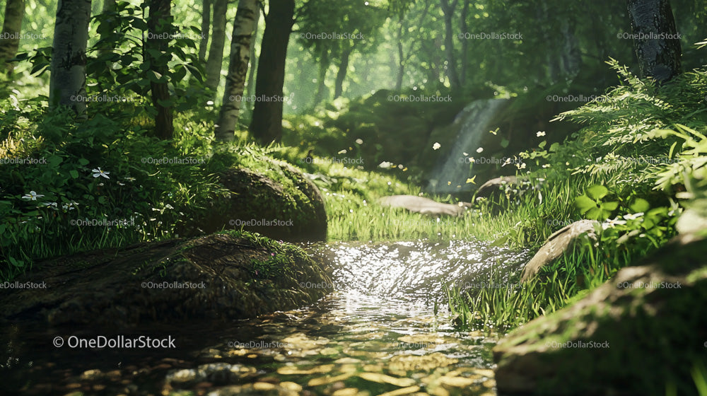 Sunlit Forest Stream Among Lush Greenery and Birch Trees