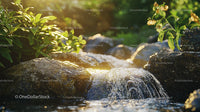 Tranquil Waterfall Surrounded by Lush Greenery and Sunlight