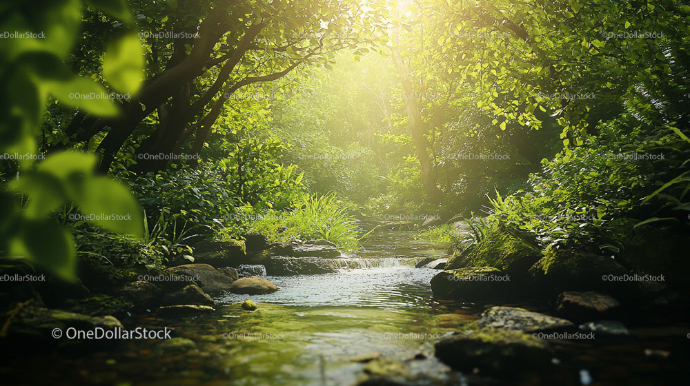 Sunlit Stream Flowing Through a Lush Forest Setting
