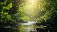 Sunlit Stream Flowing Through a Lush Forest Setting