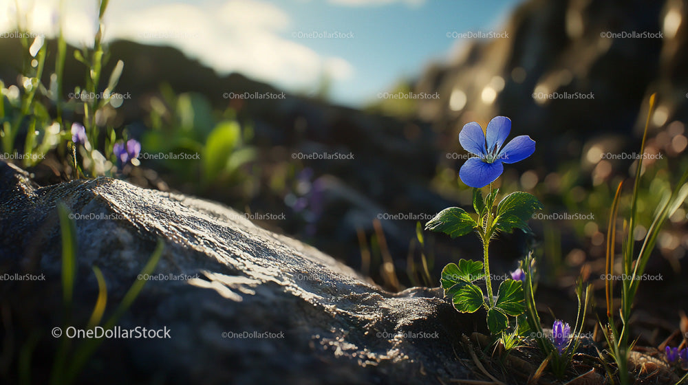 Blue Wildflower in Morning Light on Rocky Terrain
