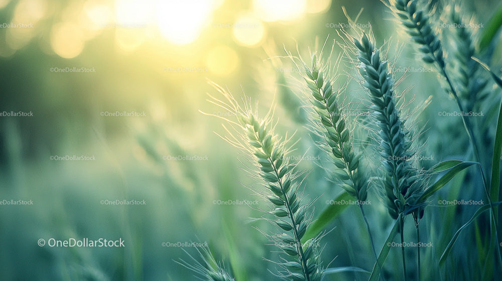 Sunlit Wheat Field with Vibrant Green Ears in the Morning Light