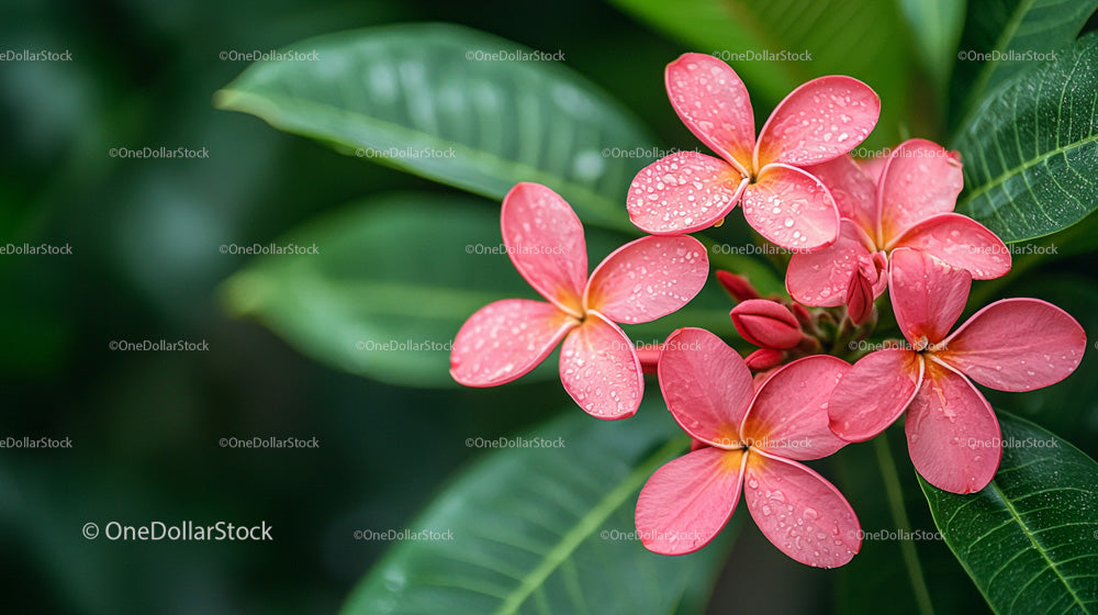 Pink Frangipani Flowers with Dew on Lush Green Leaves