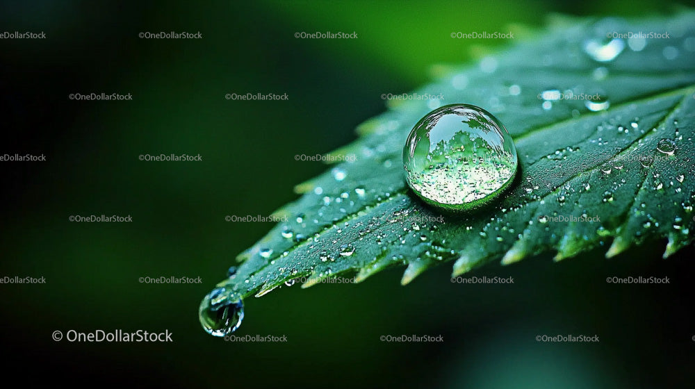 Macro Closeup of Water Droplet on Green Leaf