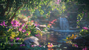 Tranquil Garden with Blooming Pink Flowers and Gentle Stream