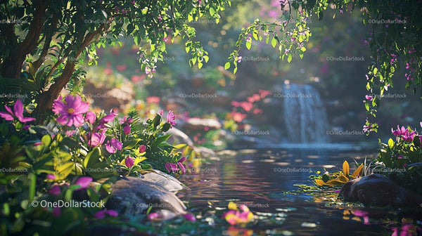 Tranquil Garden with Blooming Pink Flowers and Gentle Stream
