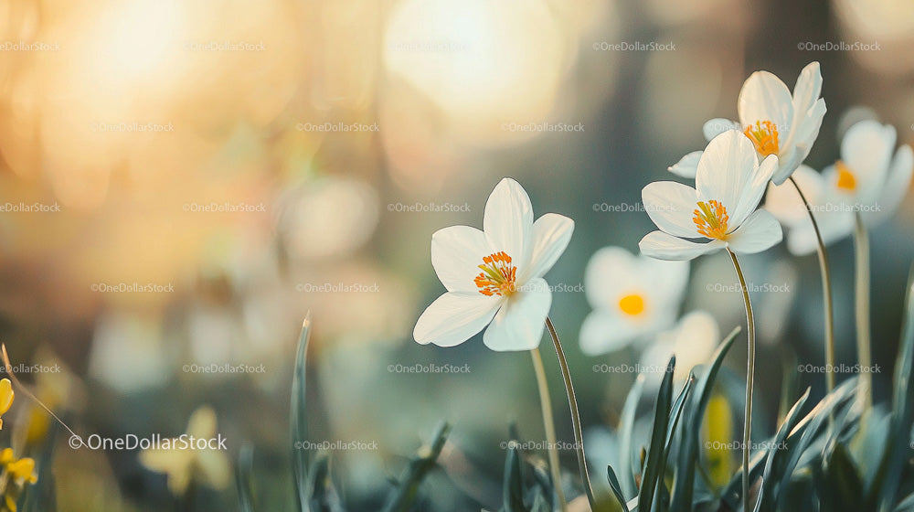 White Spring Flowers Blooming in Soft Sunlight