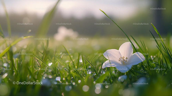 White Flower Amidst Morning Dew and Sunlit Grass