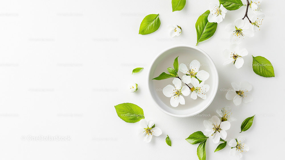 Spring Blossoms and Greenery on White Background