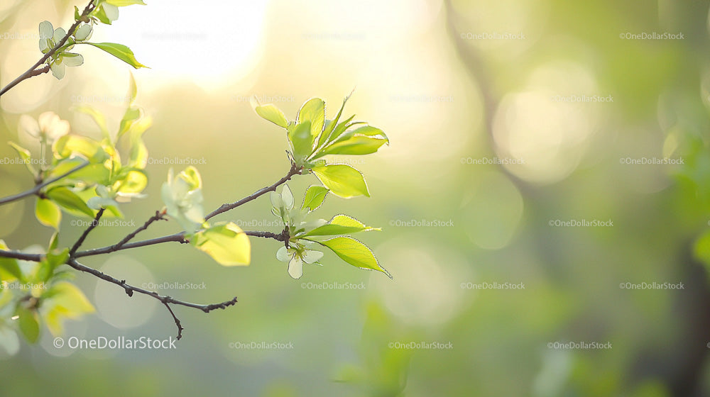 Delicate Spring Blossoms with Fresh Green Leaves
