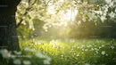 Spring Meadow with Blossoming Tree in Sunlit Glow