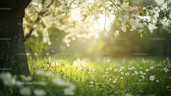 Spring Meadow with Blossoming Tree in Sunlit Glow