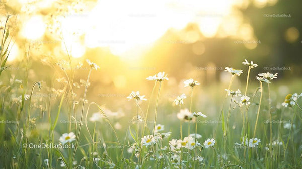 Daisies Blooming in a Sunlit Meadow at Golden Hour