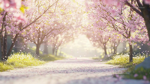 Serene Pathway Lined with Blooming Cherry Blossom Trees