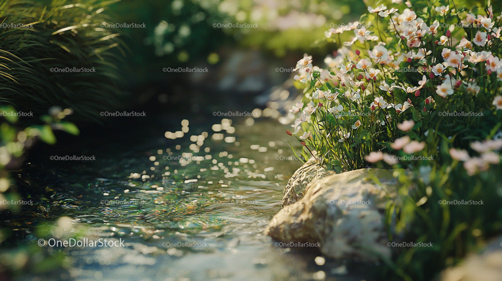 Serene Stream Flowing Through a Blooming Garden