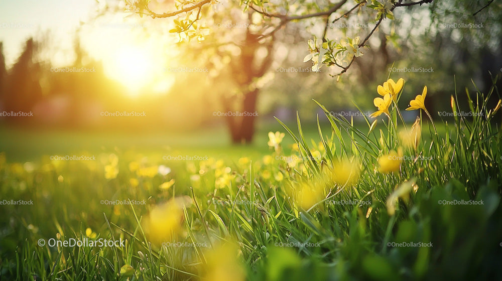 Sunny Spring Morning with Blooming Yellow Flowers
