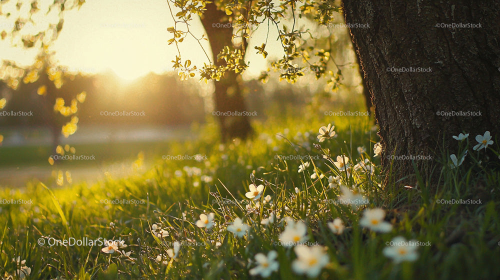 Sunlit Meadow with Blossoming Flowers and Tree in Spring