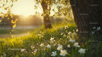 Sunlit Meadow with Blossoming Flowers and Tree in Spring