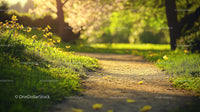 Sunlit Path through Blossoming Spring Meadow