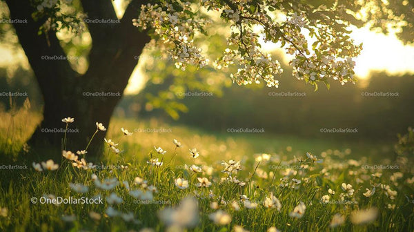 Sunlit Blossoms Under a Blooming Apple Tree in Springtime