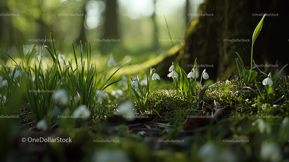 Snowdrops Blooming in a Sunlit Woodland Scene