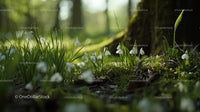 Snowdrops Blooming in a Sunlit Woodland Scene