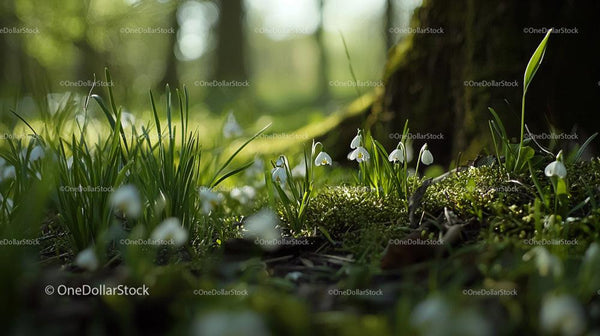Snowdrops Blooming in a Sunlit Woodland Scene