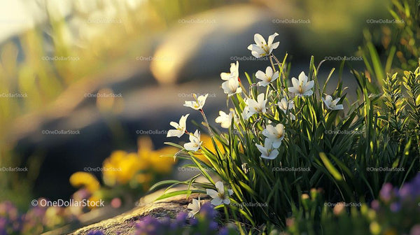 White Spring Blossoms in Sunlit Garden