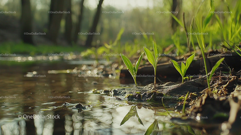 Young Sprouts Growing by a Calm Forest Stream in Spring