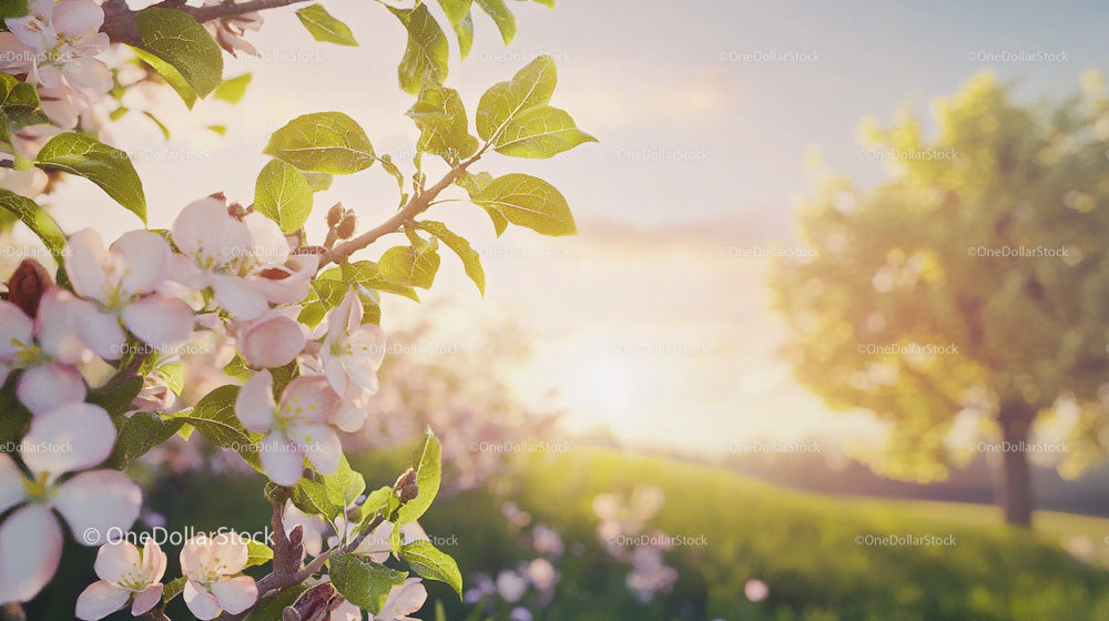 Apple Blossoms in Morning Sun with Lush Greenery
