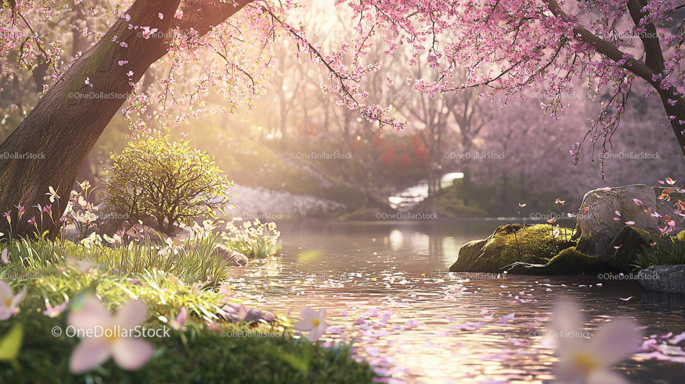 Blooming Cherry Blossom Trees by a Reflective Pond