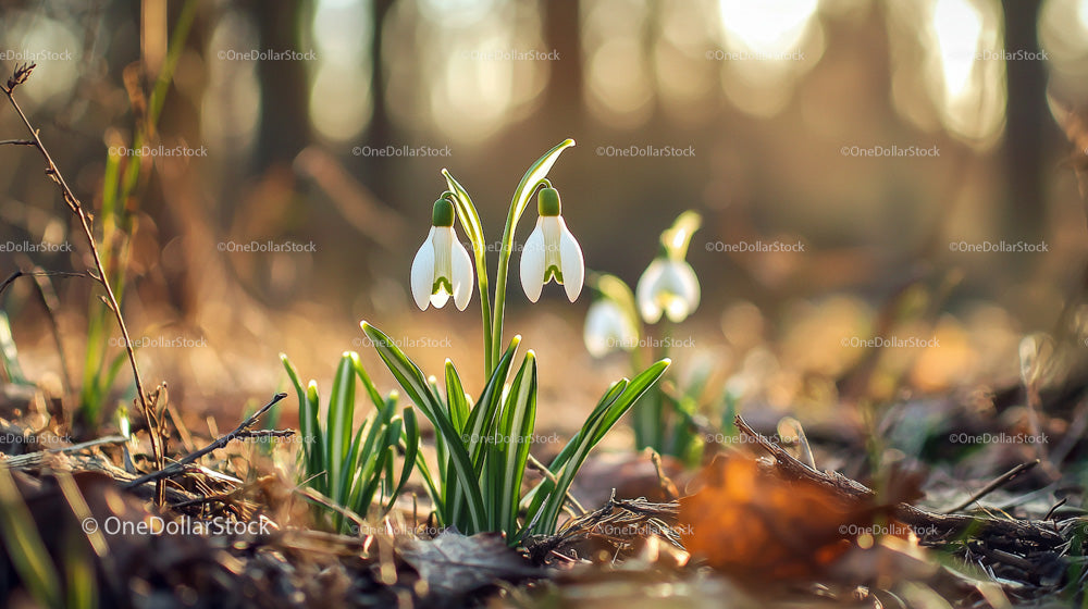 Snowdrops Blooming Amidst Forest Floor in Early Spring