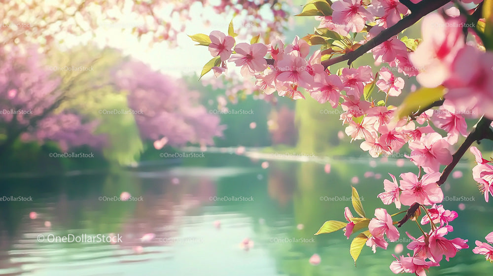 Cherry Blossoms Overlooking a Tranquil Lakeside Scenery